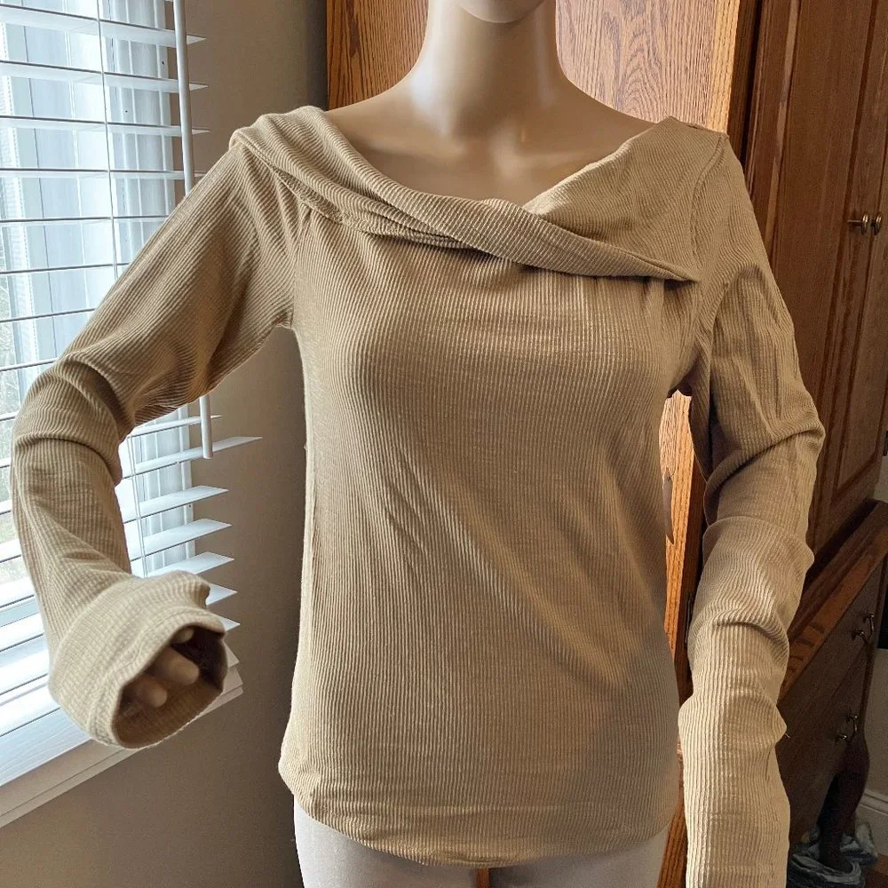Free People Addie Top - Long Sleeve Off-Shoulder Ribbed Top in Tan
